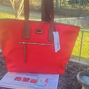 Dooney & Bourke Vibrant Red Tote with Brown Accents
